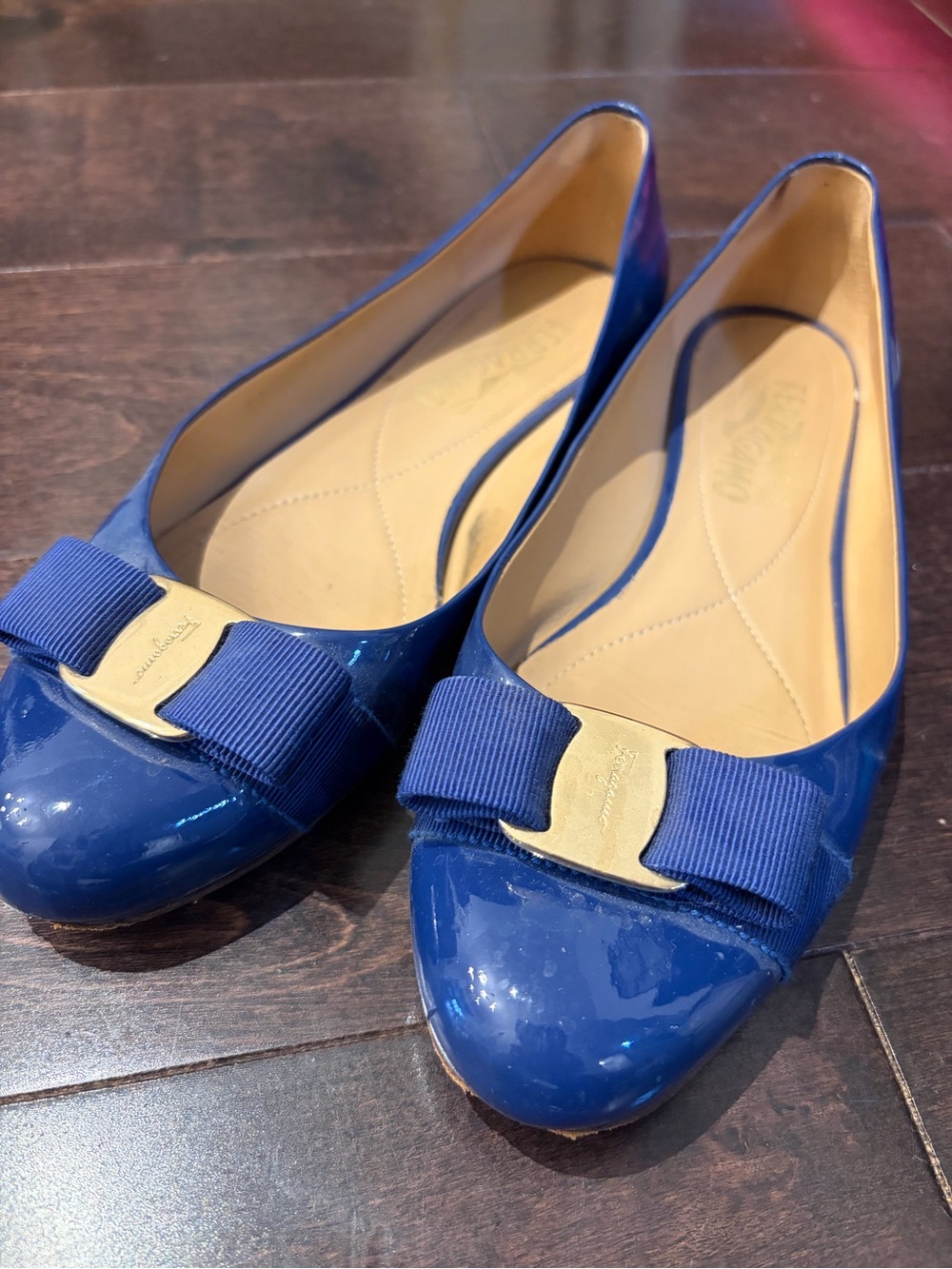 Salvatore Ferragamo Royal Blue Patent Vara Bow Flats